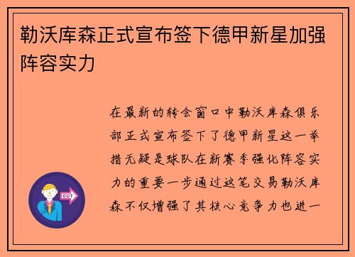 勒沃库森正式宣布签下德甲新星加强阵容实力